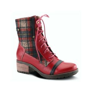 L ARTISTE Womens Red Plaid Lace Eguine Round Toe Block Heel Leather Booties 39